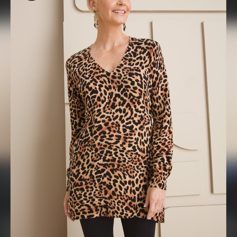 Chico's Cashmere-Blend Animal-Print V-Neck Long Sleeve Tunic Sweater